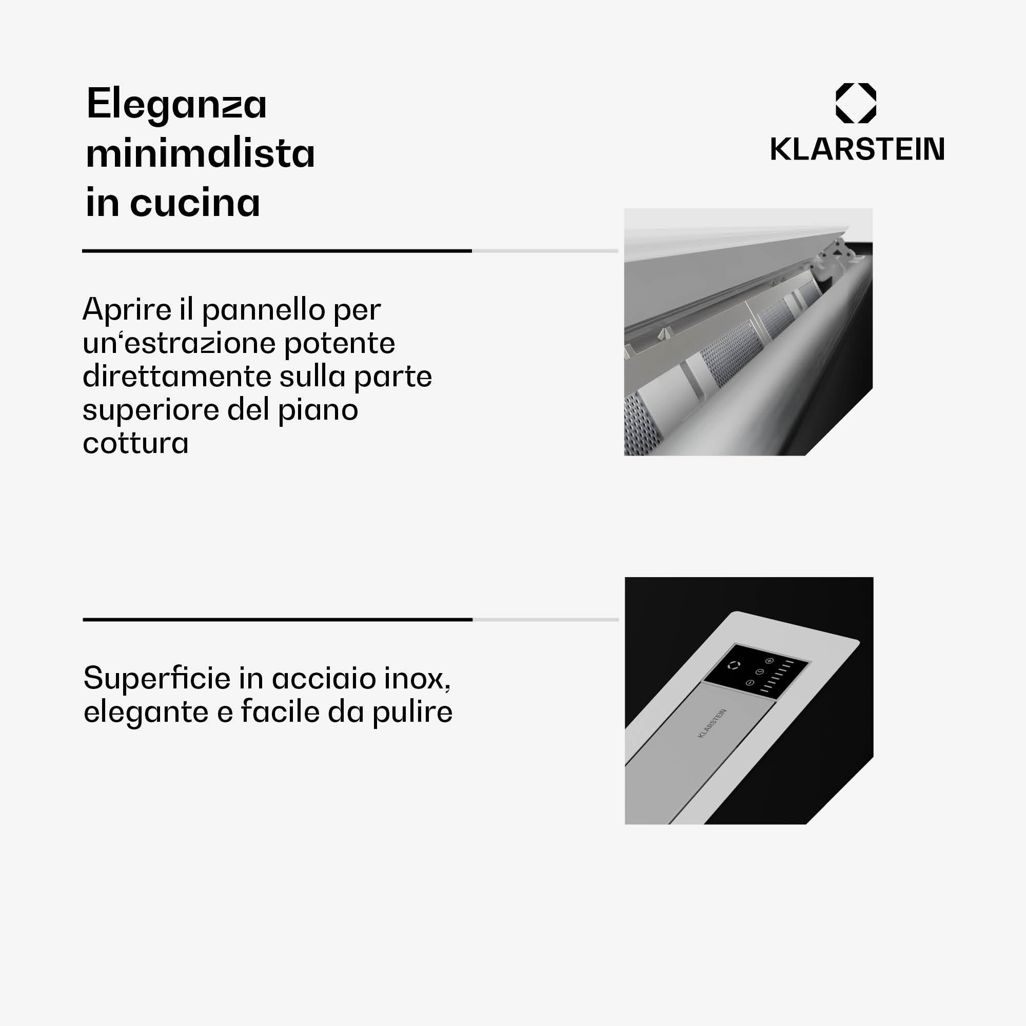 Cuffia da cucina Klarstein 90cm, cuffia di aspirazione downdraft, flusso d'aria 708m³/h, 3 velocità, comandi a sfioramento, modalità booster, cuffia di aspirazione retrattile 90cm