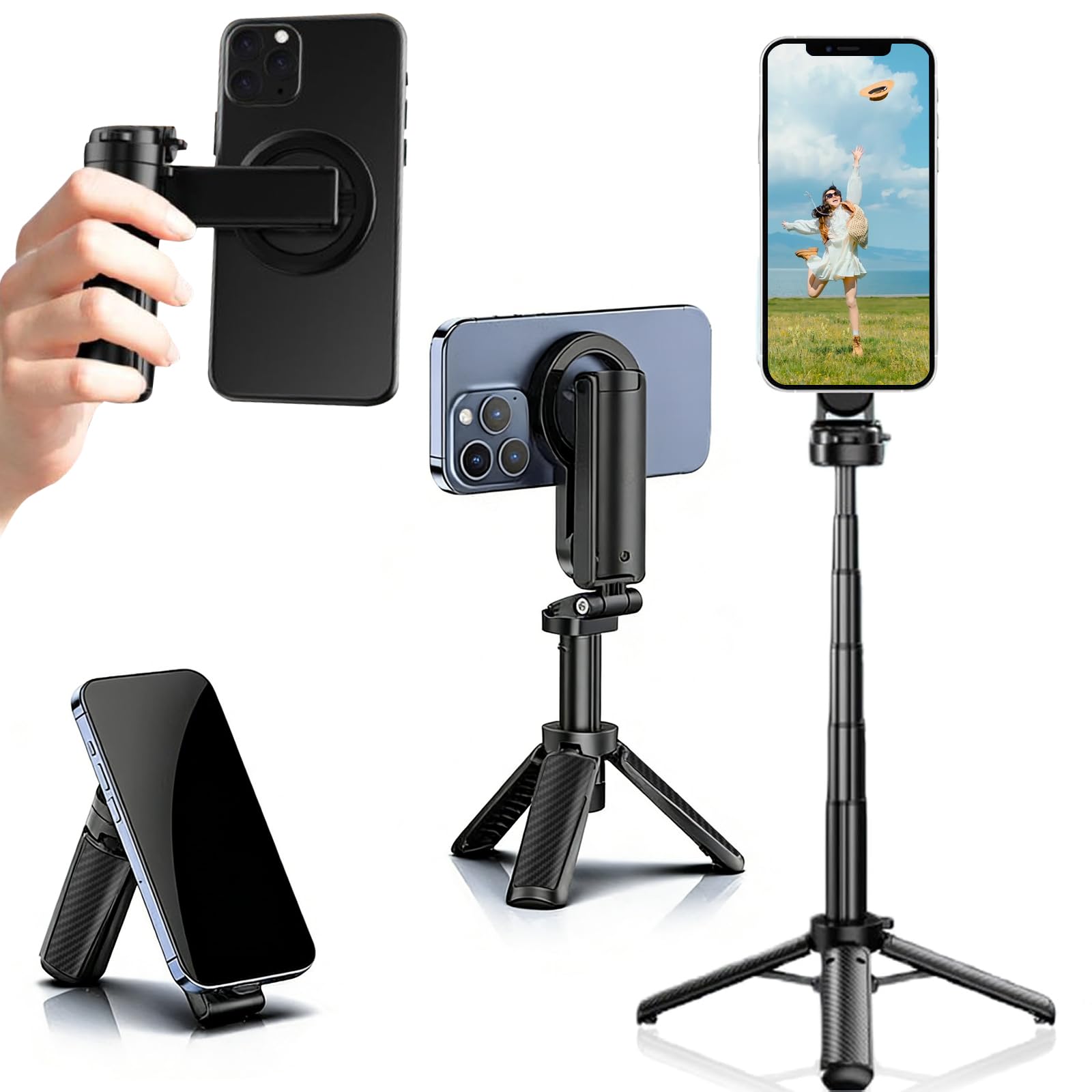 Treppiede Magnetico 4 in 1 Mini Supporto Portatile Tascabile per Telefono con Rotazione 360° Maniglia Pieghevole Treppiedi per Cellulare Magnetico per Vlog Foto Video iPhone/Android