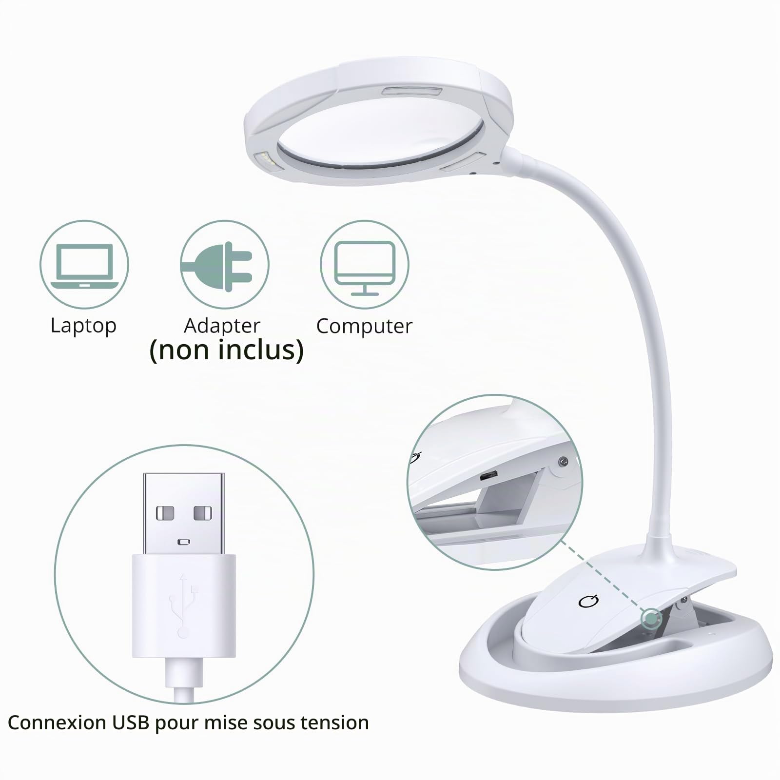 COLFULINE 2 en 1 Lampe Loupe LED-Loupe de Table Grossissement 5X10X-3 Mode de Luminosité-Lampe Loupe avec Pince- Chargement USB-Lampe de Table à Base et à Clip Idéal pour Lecture,Bureau