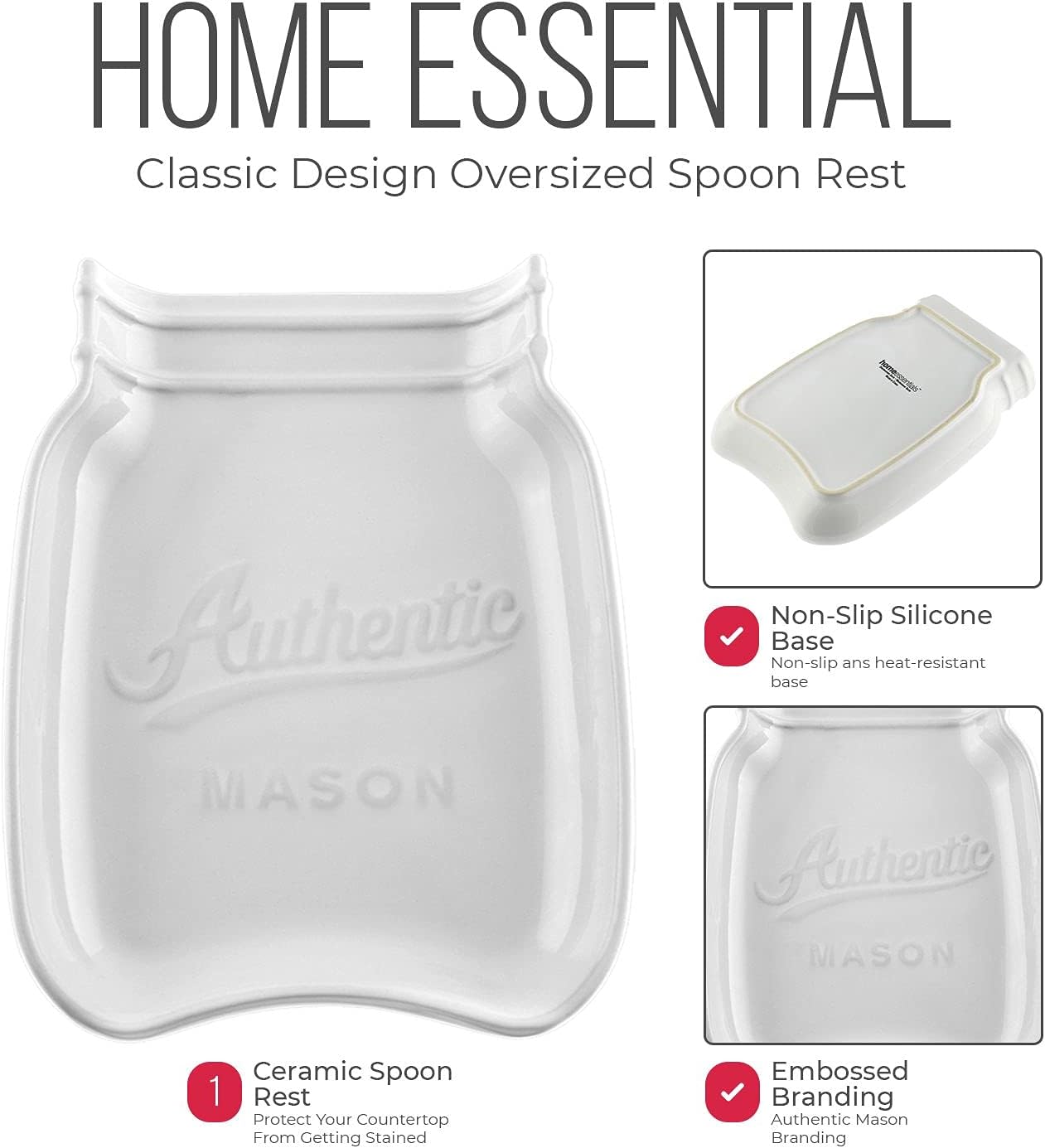 Home Essentials Mason Jar 7 X 5.5 X 1 inch Spoon Rest Home Decor Product, White