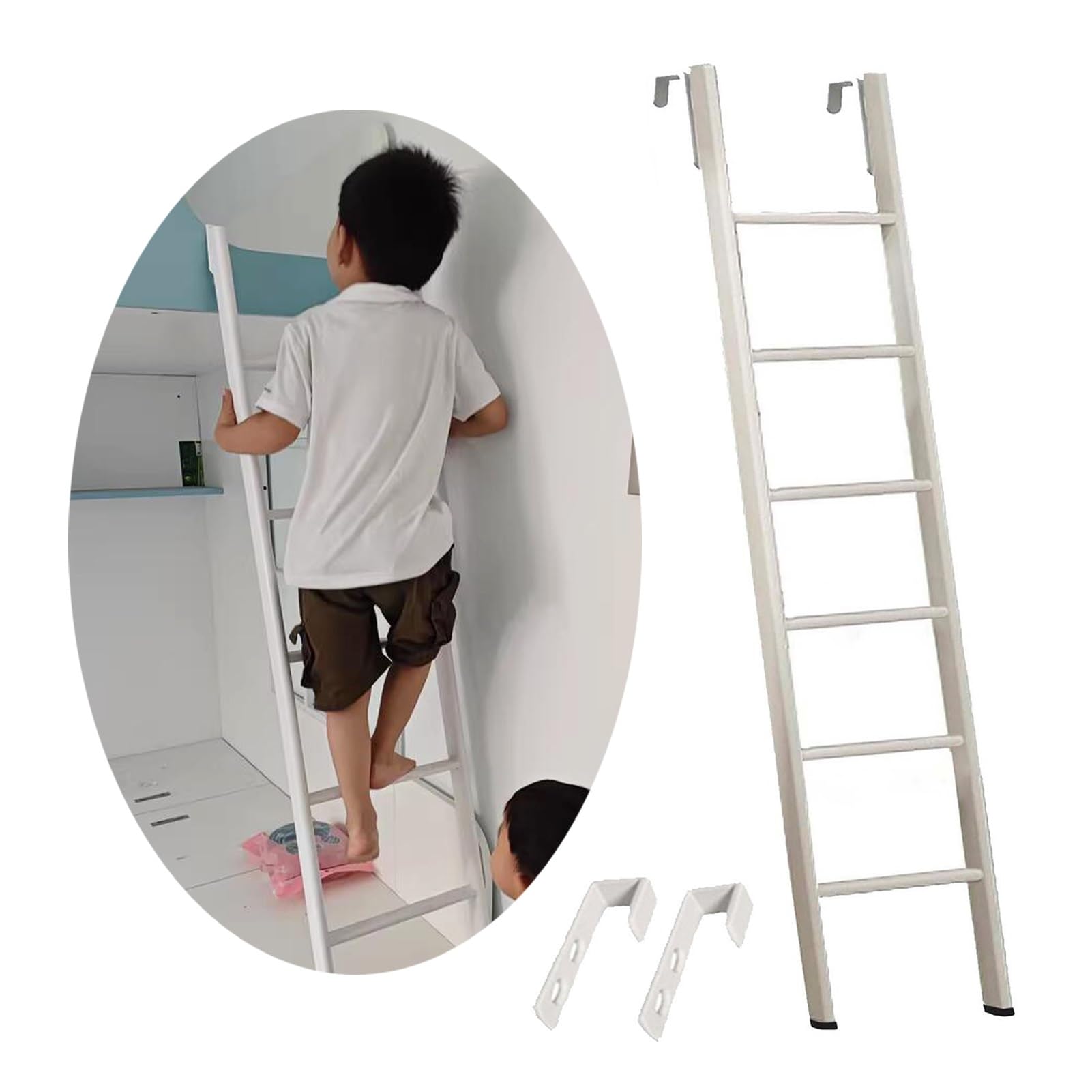 IEOWY Kids Adult Twin Bunk Bed Ladder Only, 45"/50"/55"/59"/63"/65"/69"/73" Dorm Loft Home RV Bunk Ladders, Metal Short Climb Step Ladder with 2 Hooks(185cm/73)