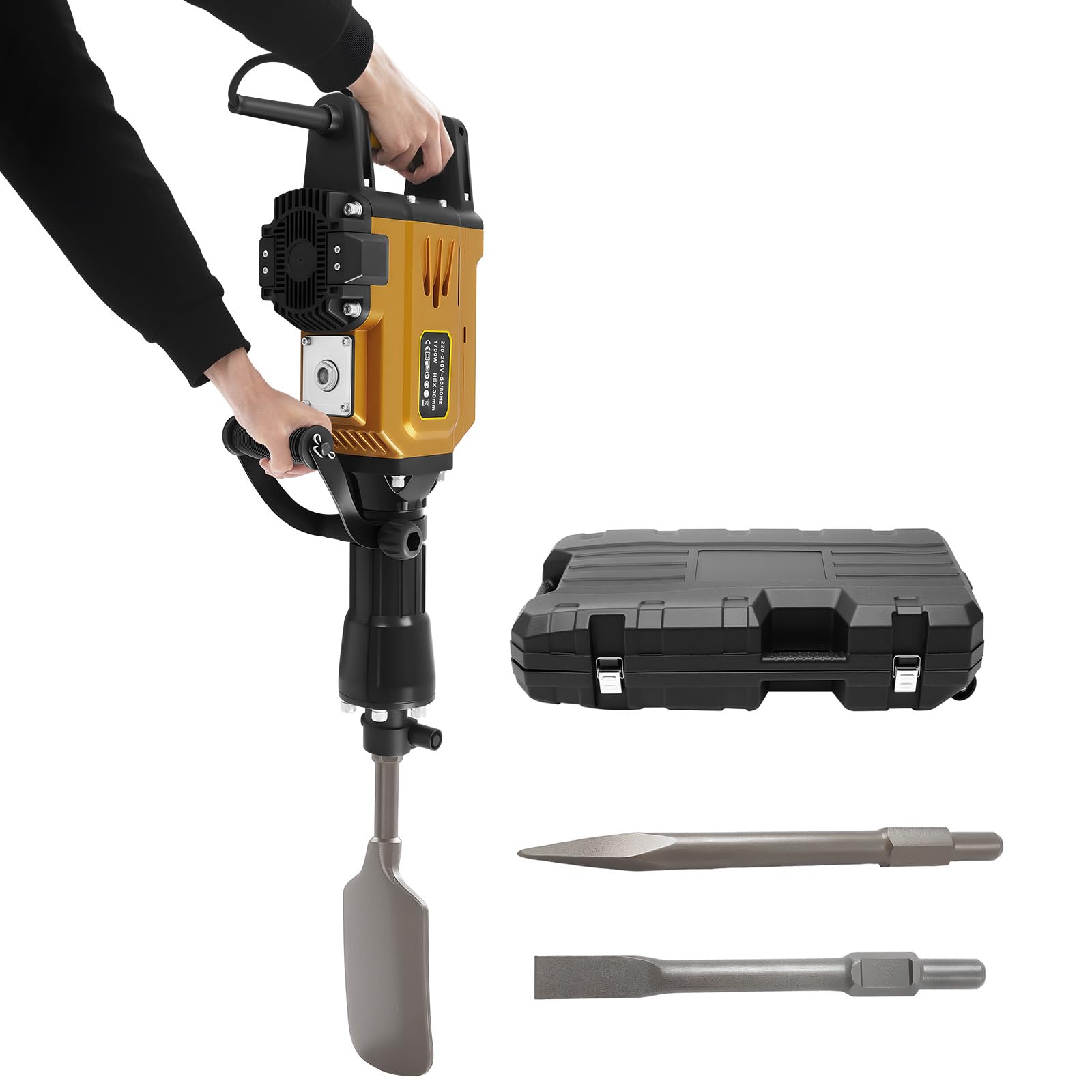 1700W Demolition Hammer, Electric Jack Hammer Concrete Breaker Heavy Duty with 3 Chisels (Flat/Point/Scraper), Anti-Vibration Handle for Concrete Removal Trenching Patio