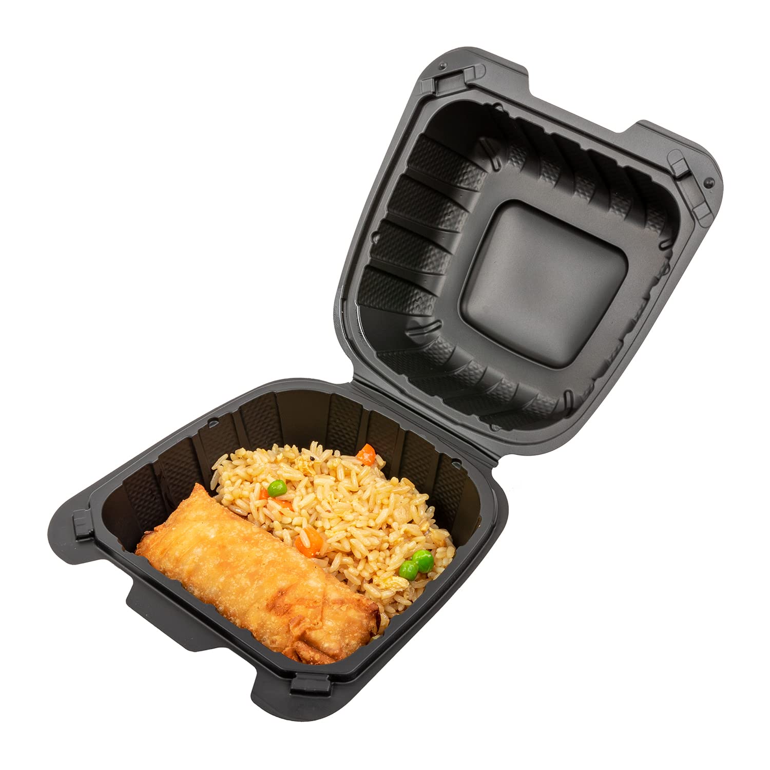 AmerCareRoyal Mineral Filled Polypropylene Hinged Lid Containers – 6" x 6" x 3", Mineral Filled Polypropylene, Black, Pack of 300, Model MFHL6631CB-C