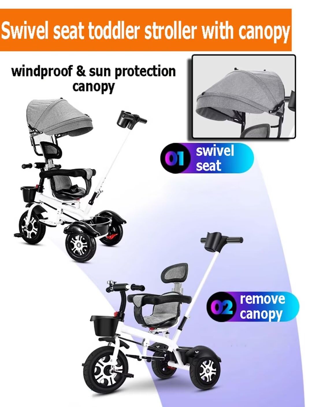 Swivel seat Toddler Stroller Buggies,Children Stroller pram with Canopy and footrest,high Back seat with guardrail and Belt,Parent Steering Tricycle with Parent Handle,Rear Wheel with Double Brakes (