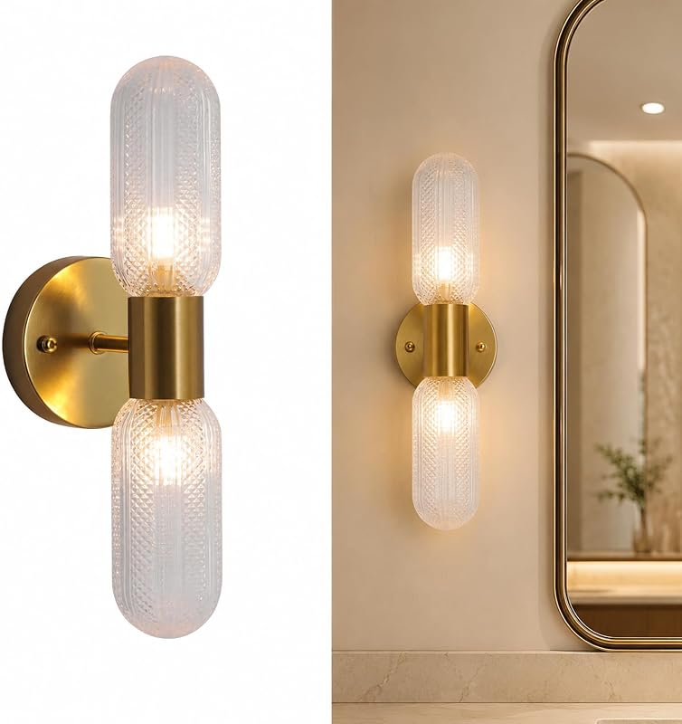 2-Light Modern Brushed Brass Wall Sconces, Double Sconce Gold Hardwired Vanity Lighting Fixture with Glass Shade, Wall Lamp for Bathroom Living Room Bedroom Hallway, 3-Color G9 LED Bulbs Included