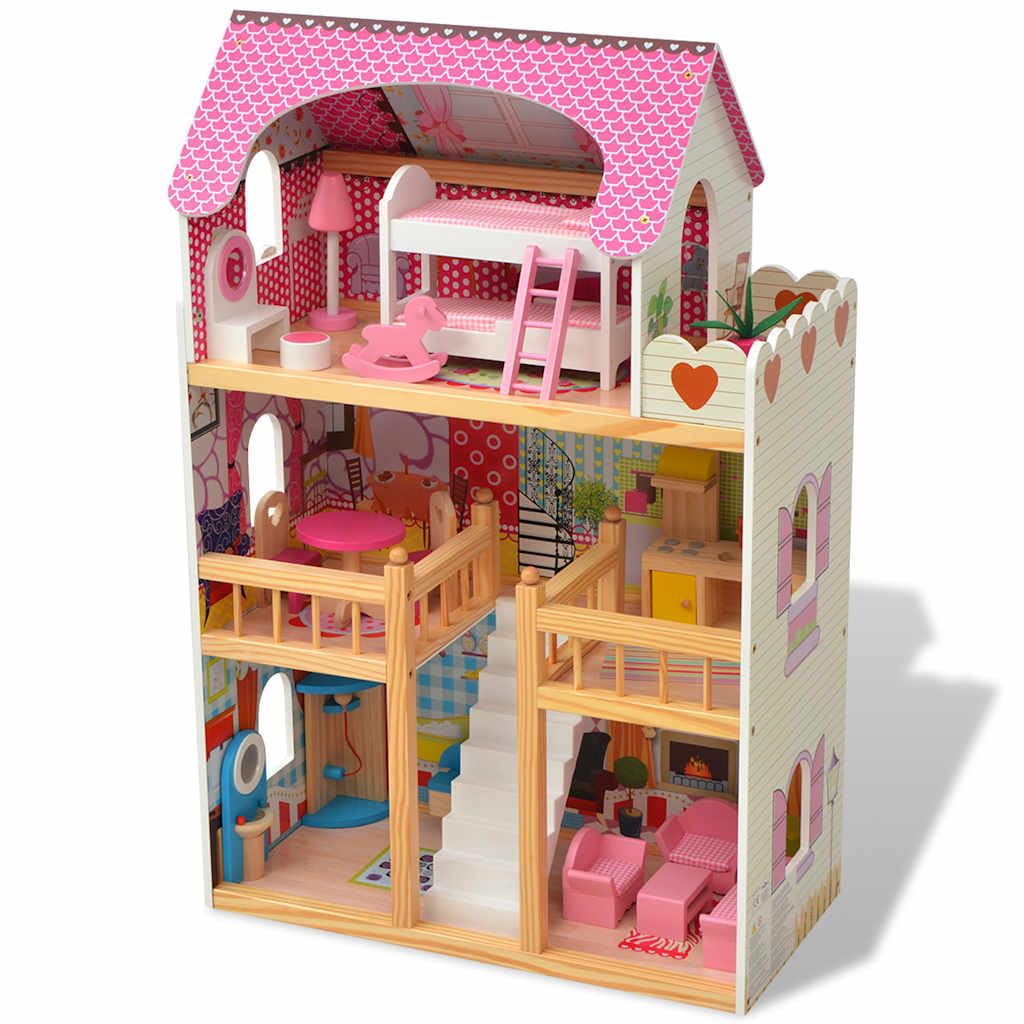 Mangloder 3-stöckiges Puppenhaus Holz 60 x 30 x 90 cm mit Miniaturmöbeln, Kinder Spielhaus für fantasievolles Rollenspiel, geeignet für Familie, Babyzimmer, Küche, Wohnzimmer, Balkon, Geschenk