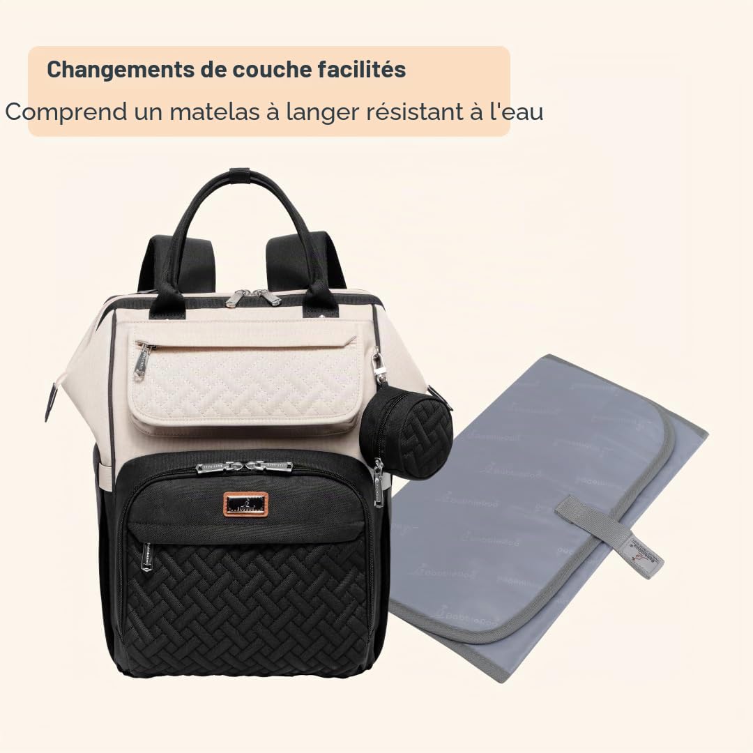 BabbleRoo Sac à Langer Bébé, Sac à Dos à Langer Grande Capacité Déperlant – Large Ouverture sur le Dessus, Tapis à Langer, Étui à Sucette Amovible, Sangles Poussette, Sac de Voyage Unisexe