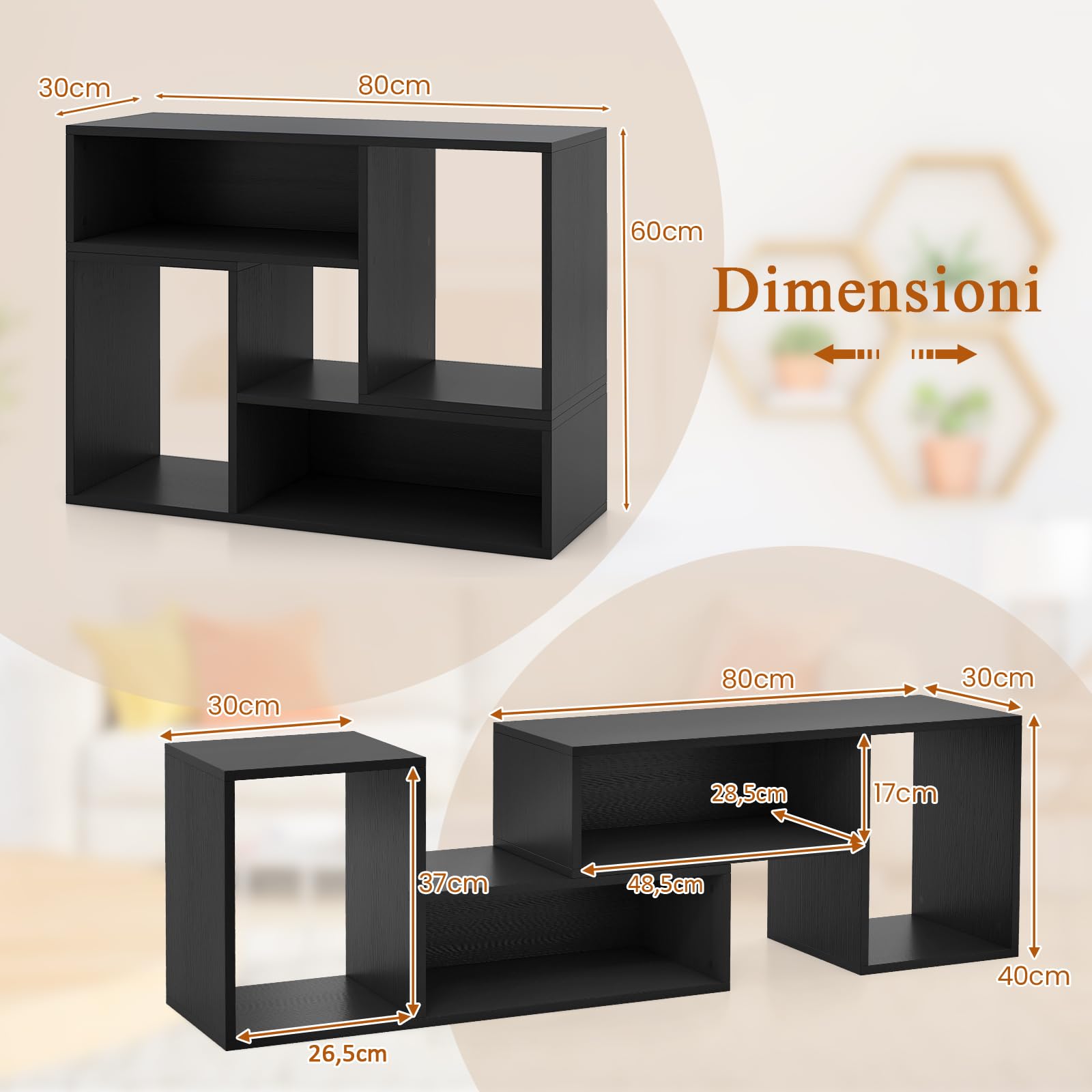 GYMAX Mobile TV Console da 32-60 Pollici Convertibile, 135 x 30 x 40 cm, Estensione e Rotazione Libera, Mobile Multimediale Porta TV, Cubi Aperti, Carico 50 kg, Soggiorno, Camera da Letto (Nero)