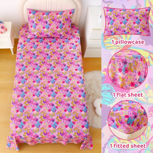 Image of Viviland 3 Pieces Girls Butterfly Twin Sheet Set - Soft Microfiber Fitted Flat Sheets & Pillowcase Bed Sheet Set - Pink Butterfly Bedding Sets for Kids