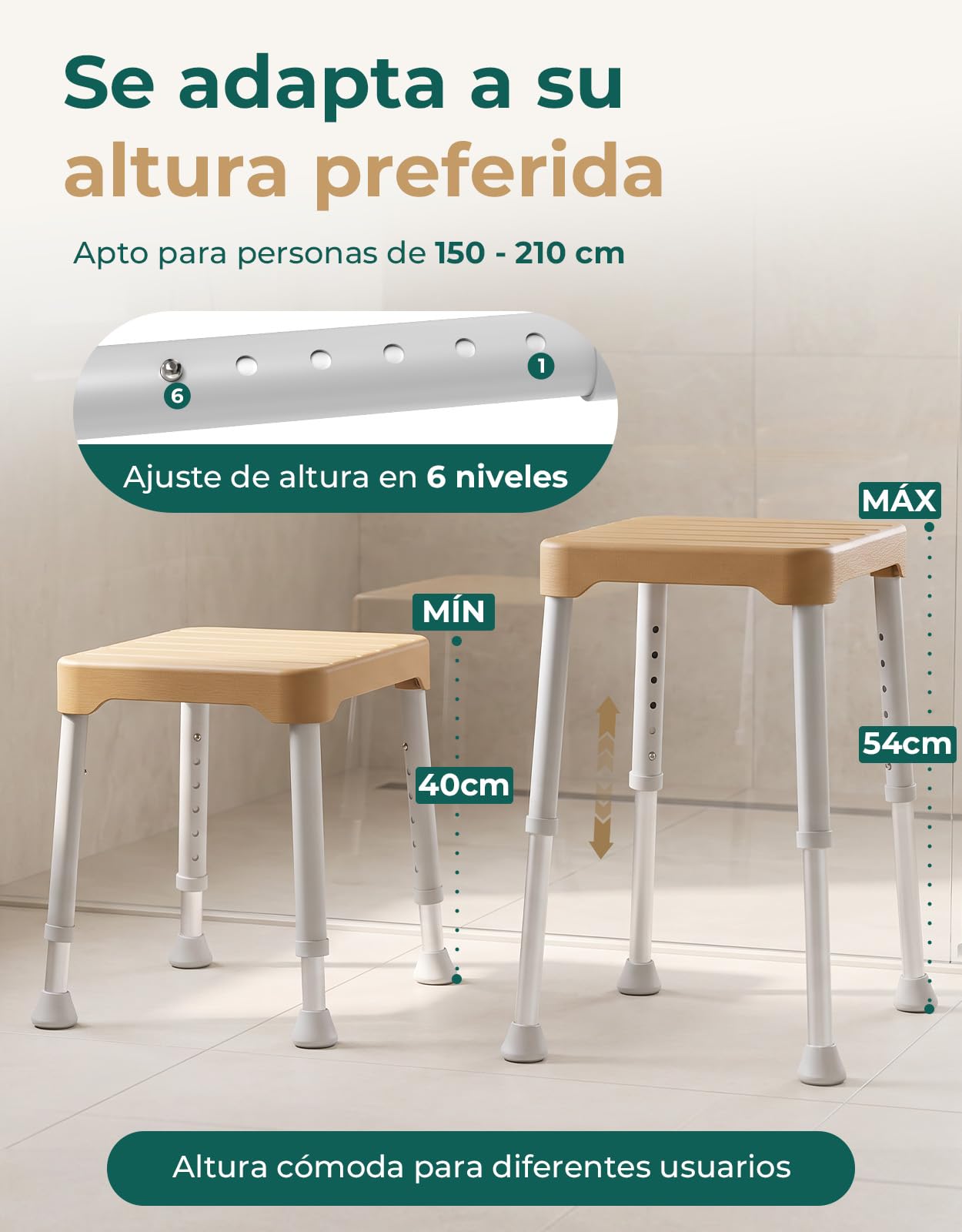 Taburete de Ducha Ligero, soporta 160 kg, Antideslizante, portátil, para Personas Mayores, marrón