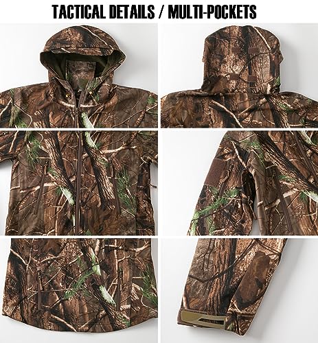 CARWORNIC Men's Camo Quiet Hunting Jacket Waterproof Softshell Fleece Lined Camouflage Silent Hunting Clothes Windproof Outdoor Work Safari Hiking Fishing Coat