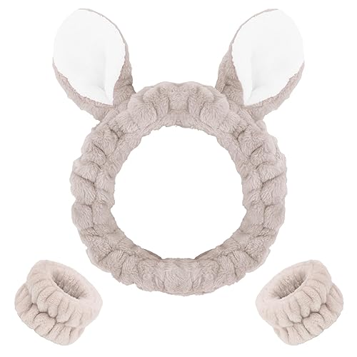 WHAVEL Juego de 3 diademas de spa y muñequeras, lindas diademas de orejas de conejo para lavar la cara, maquillaje, diadema facial, muñequeras para