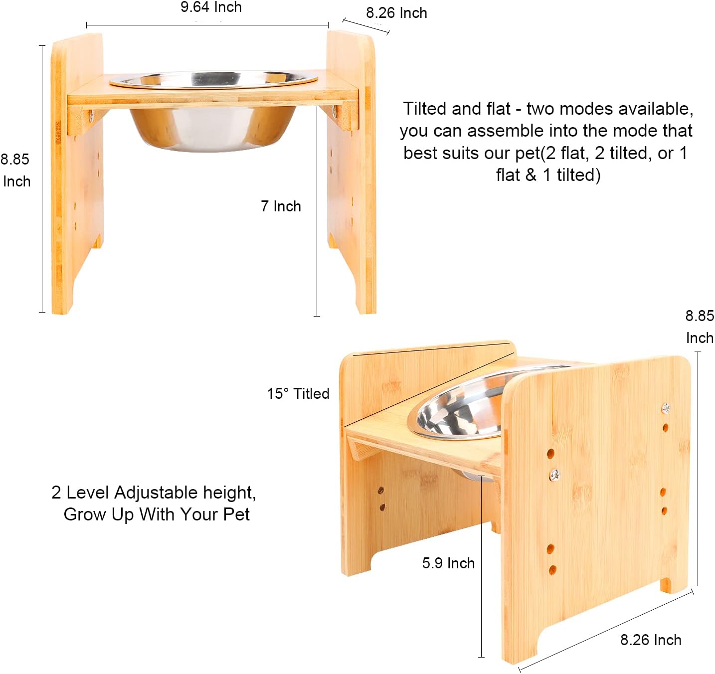 Small Elevated Bamboo and Stainless Steel Pet Bowls