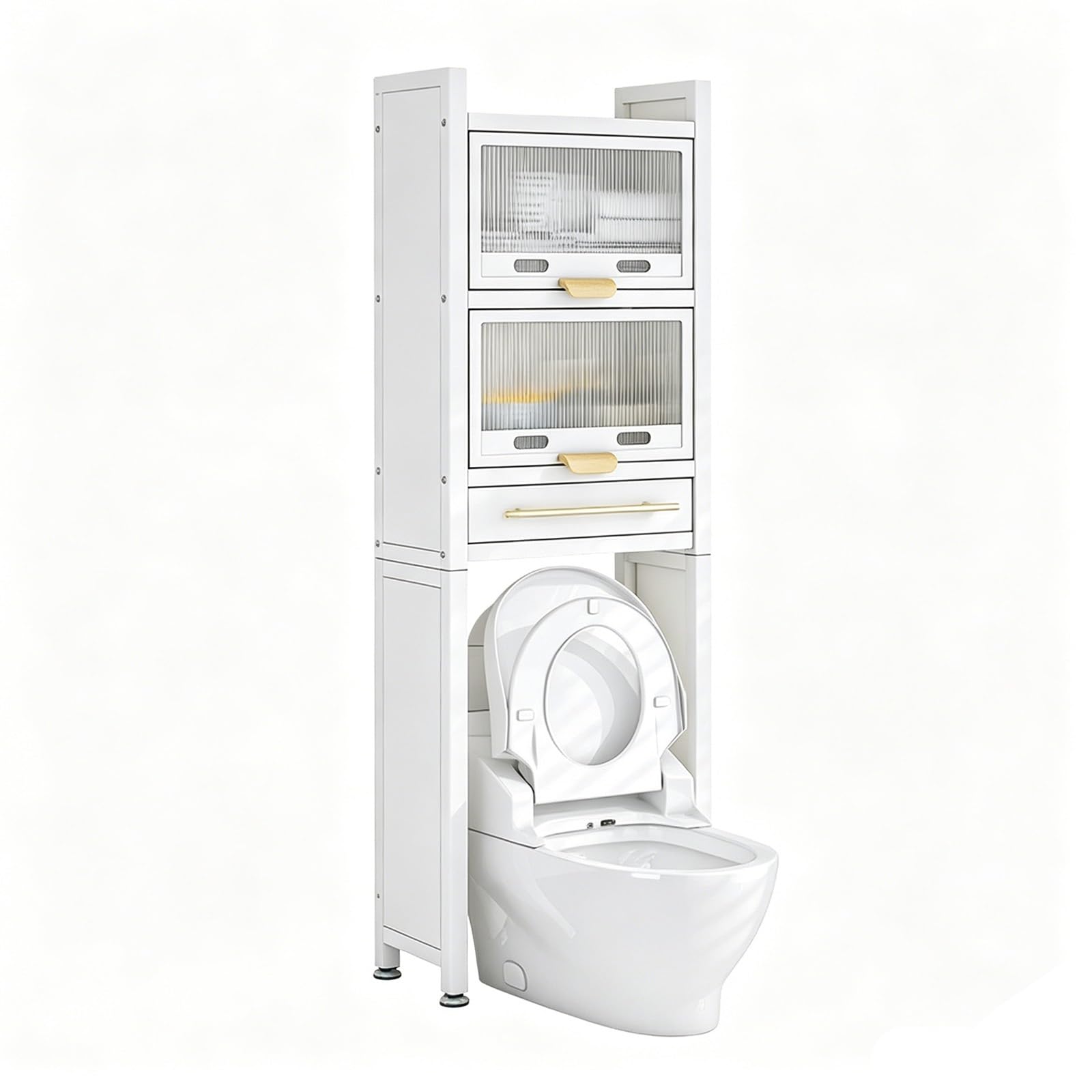 Over the Toilet Storage Rack, 4-Tier Bathroom Organizer with Adjustable Shelves & Basket, Space-Saving Metal Stand for Laundry Room & Restroom(Wht 4-Tier Tol Rack w/Drw 19.7x9.8x70.5in)