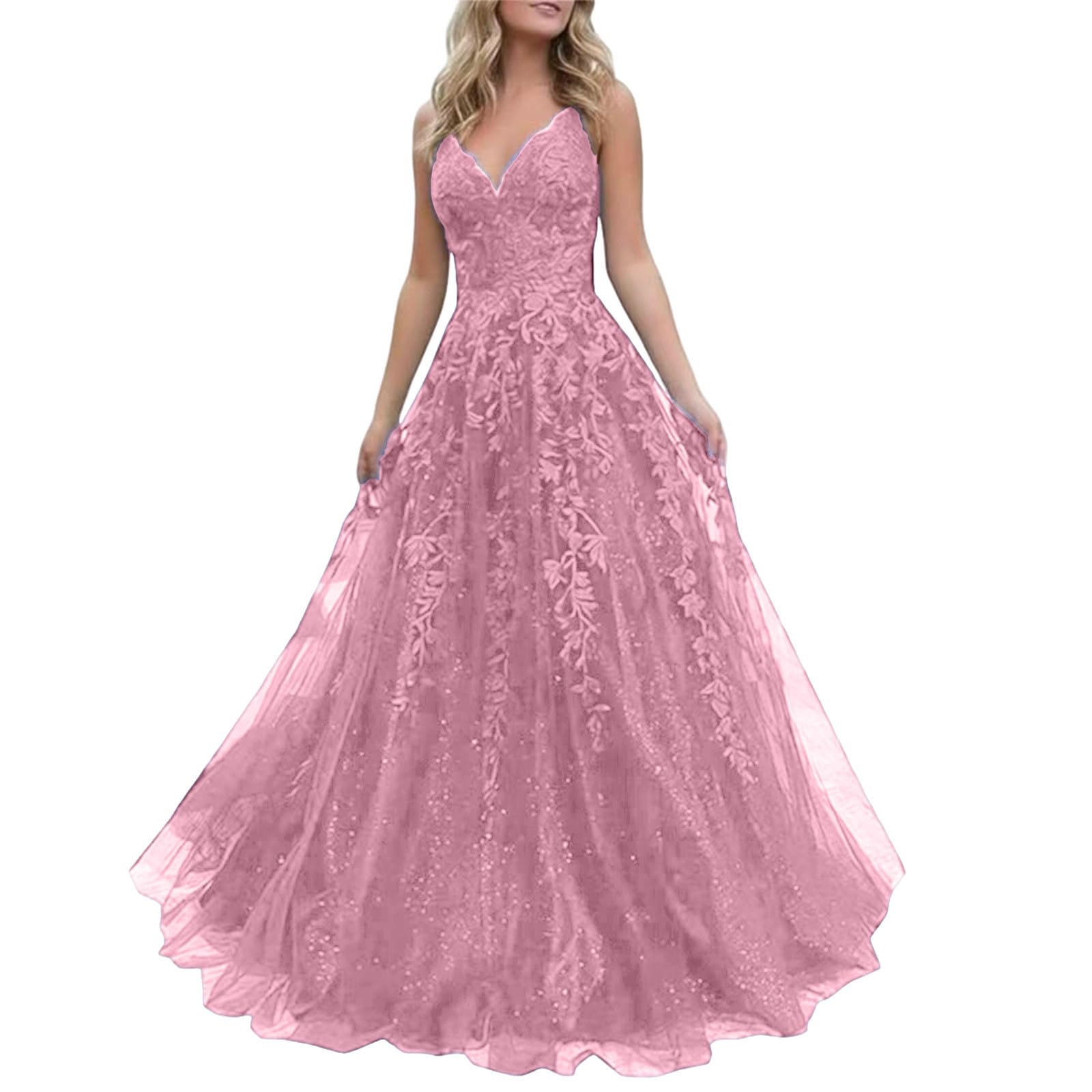 Damen Chiffon Ballkleider Lang V-Ausschnitt Spitzenapplikationen Brautjungfernkleid mit Schlitz Spaghettiträger Perlen A-Linie Abendkleider