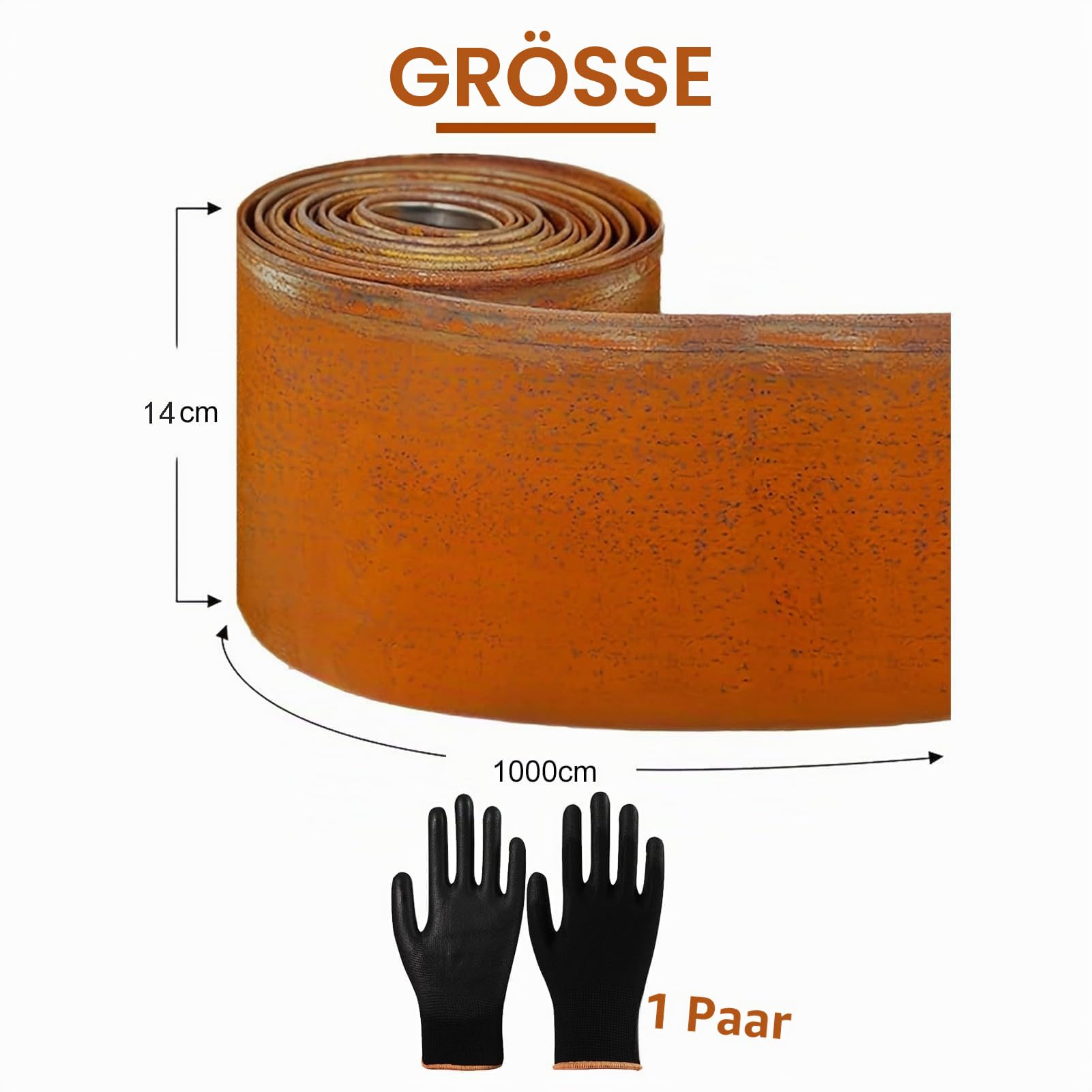 10m x 14.5cm hoch Rasenkante aus Metall,Cortenstahl Rasenkante Rostoptik,Beetumrandung für DIY Lawn,Mähkante Beeteinfassung mit 1 Paar Handschuhe,Rasenkante verzinkt Metall für Garten