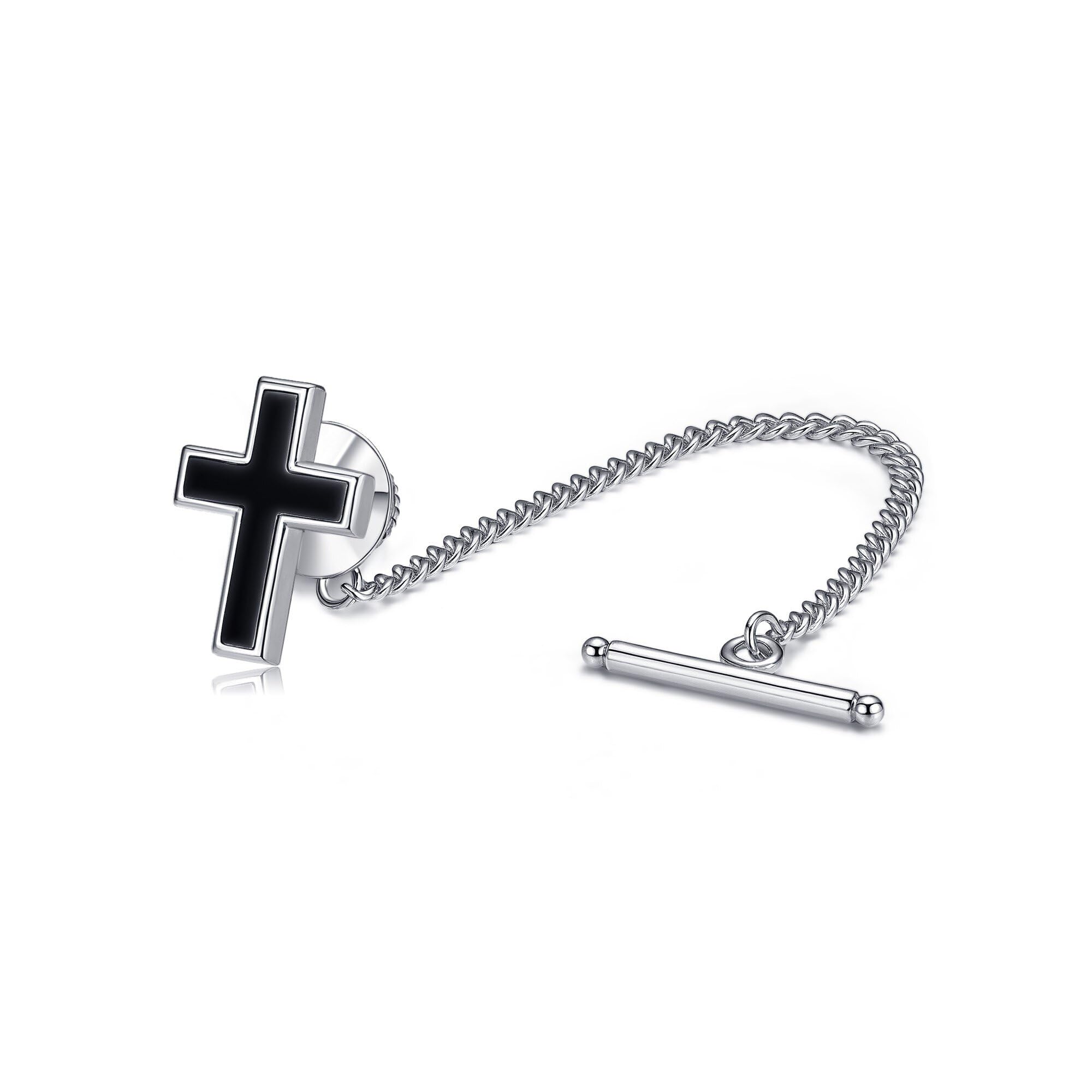 Alfiler de corbata de plata de ley con diseño de trébol de cuatro hojas/cruz ónix para hombre
