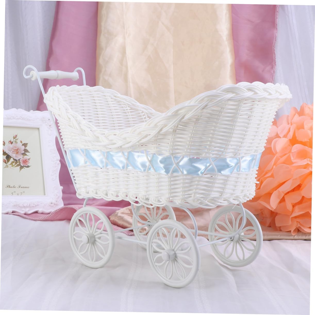 Healifty Tricycles Stroller Ornament Rattan Flower Basket Home Wedding Shower Birthday Decor Rustic Boho Carriage Favor Gift