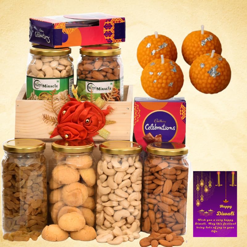 Image of NUTRI MIRACLE Diwali Chocolates Dry Fruits Nuts Gift Hamper with Laddu Candles for Family Friends