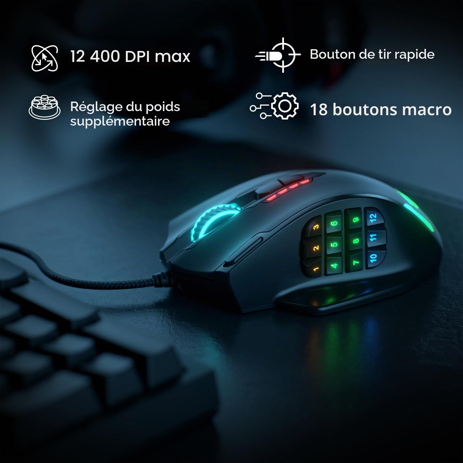 Redragon M908 Impact RGB LED Souris MMO avec Boutons latéraux, Souris de Jeu Optique Filaire avec 12 400 DPI, Haute précision, 20 Boutons de Souris programmables