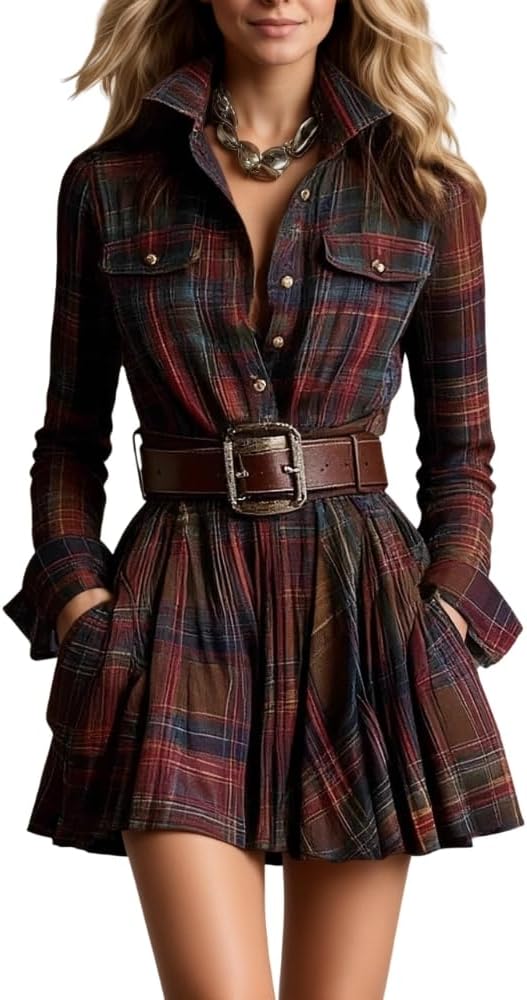 TIAFORD Women's 2026 Spring Summer Plaid and Striped Shirt Dress Long Sleeve Button Down Mini Dress with Belt & Pockets