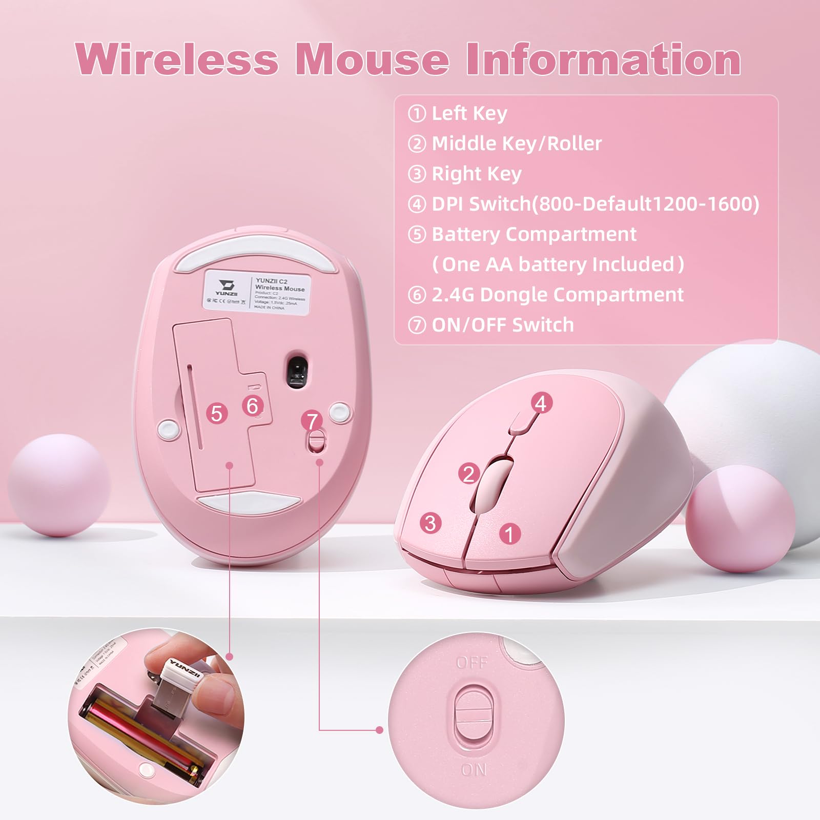 YUNZII C2 Bezprzewodowa Mysz do Gier, 2,4 GHz Słodka Silikonowa Bezprzewodowa Mysz Komputerowa, Ciche Kliknięcia, 3 Regulowane DPI, Przenośne Myszy Ergonomiczne dla Laptopa/PC/Mac (Różowy)