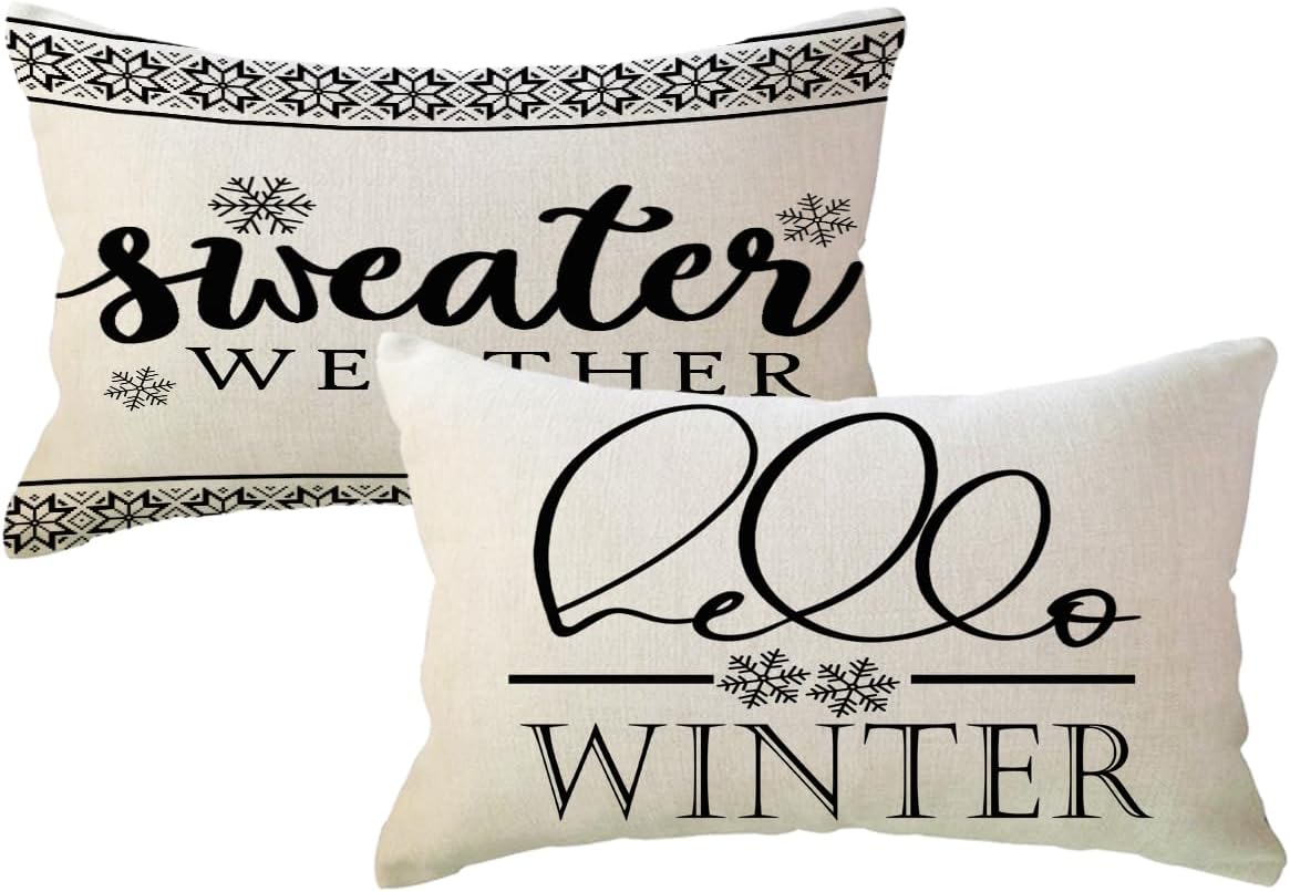 Hello Winter Throw Pillow Cover 12x20 Inches Black/Beige