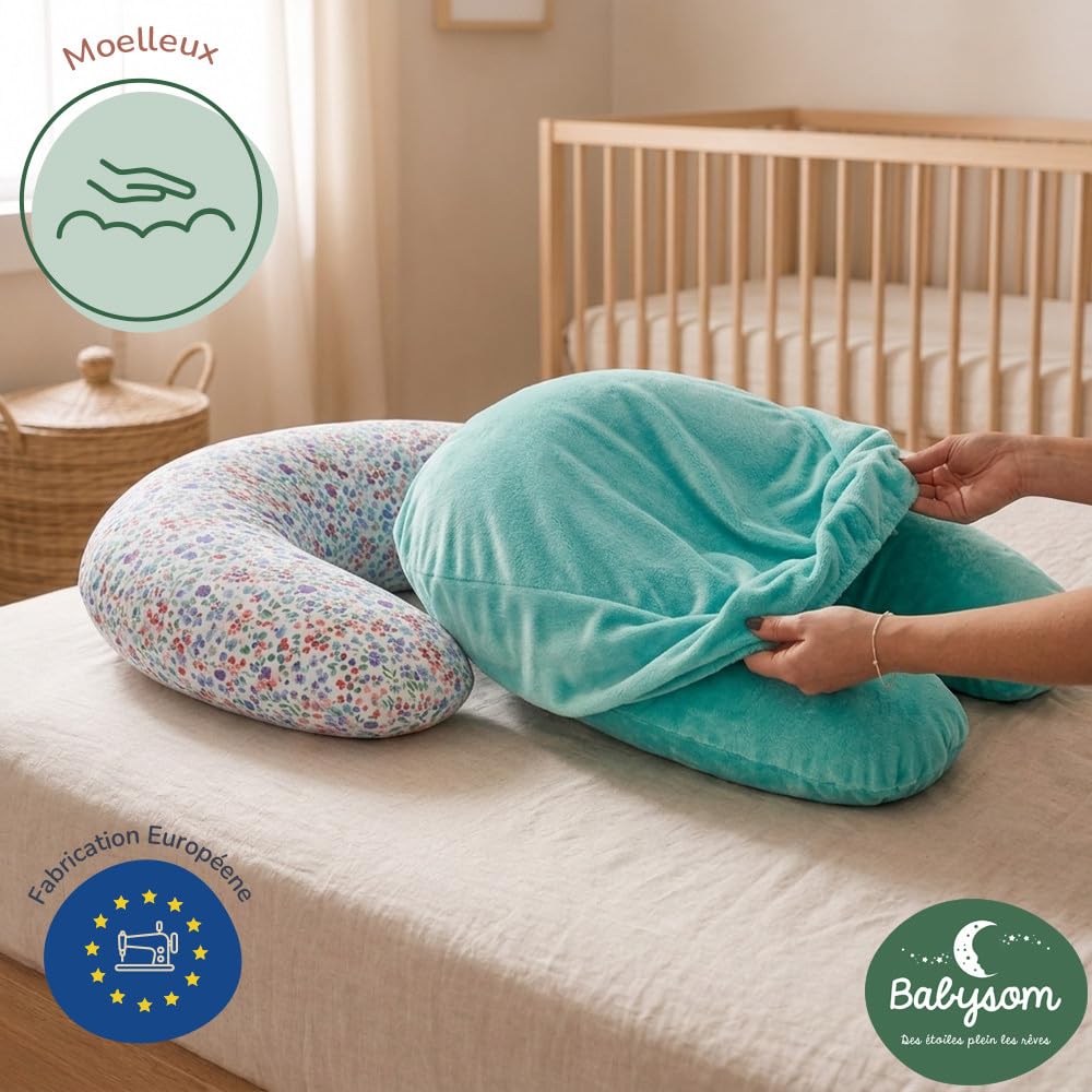 Babysom Schwangerschaftskissen, mitwachsend, 2 Bezüge (Baumwolle, blaue Blume & Minky weich) + Babynestdecke – doppelter Komfort Sommer/Winter – Öko-Tex zertifiziert – XXL 170 cm