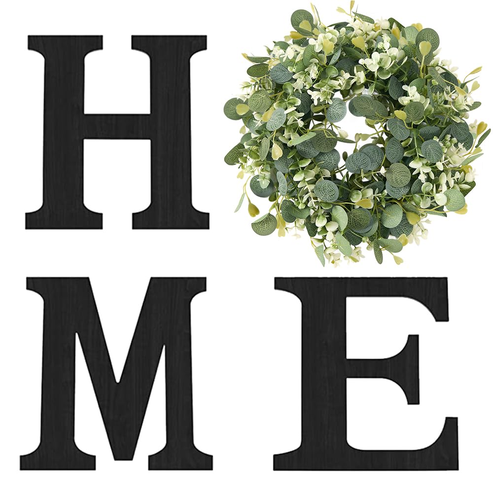 Wooden Home Sign with Artificial Peach Heart Eucalyptus Wreath for O, Hanging Farmhouse Wall House Autumn Decor Wood Letters for Wall Art Rustic Home Decor, Wall Decor for Living Room Kitchen Entryway