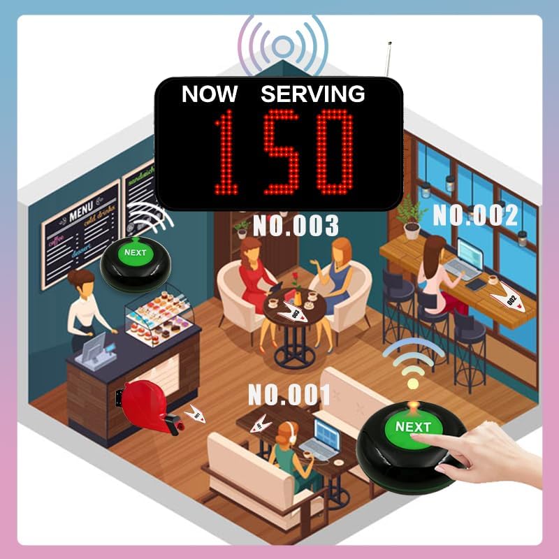 Illustration of the queue management system in a cafe setting, with customers waiting and a staff member serving.
