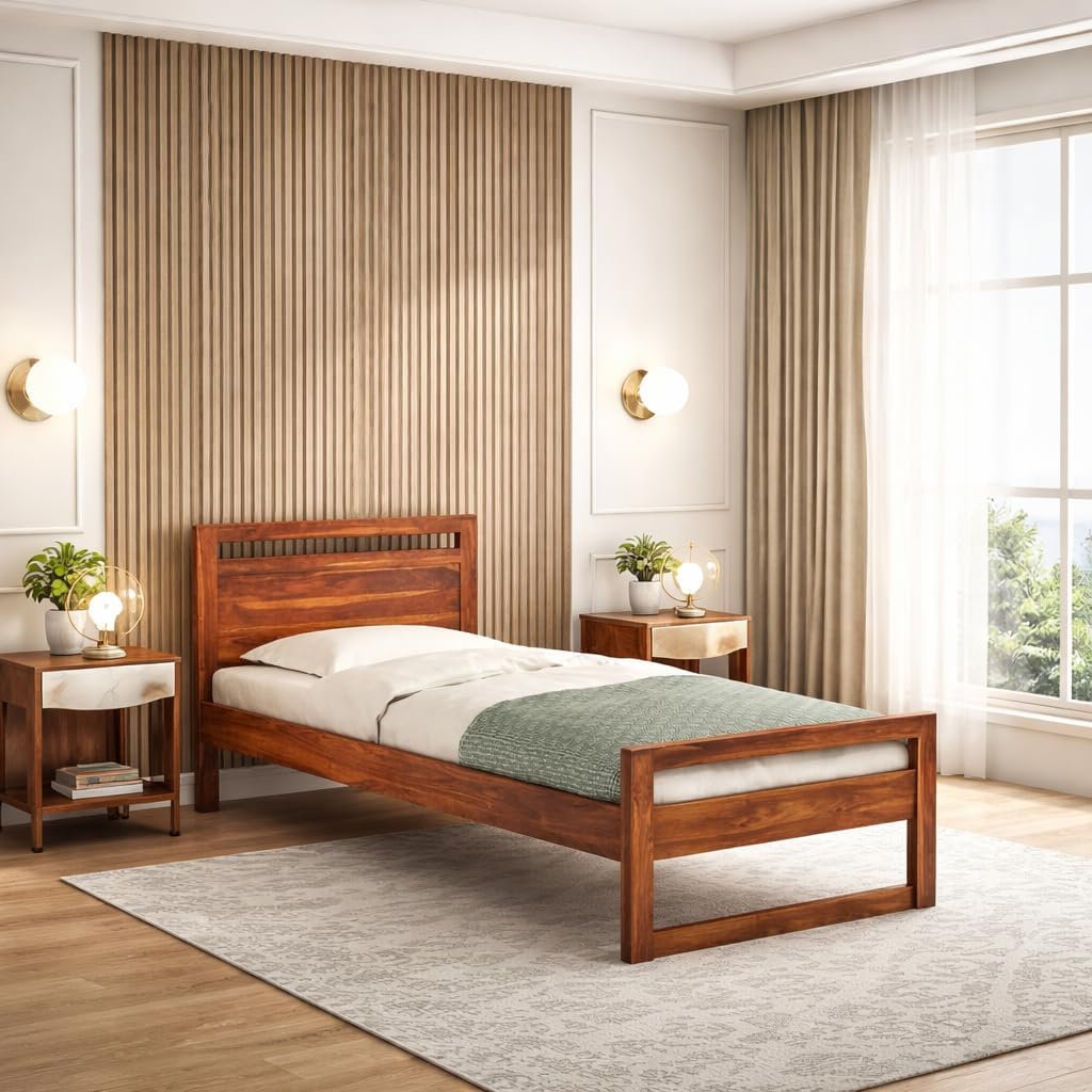 Solid Sheesham Wood Single Bed for Bedroom | Strong Wooden Cot with Headboard | Minimalist Modern Design Bed for Home & Hotel | (Honey Finish)