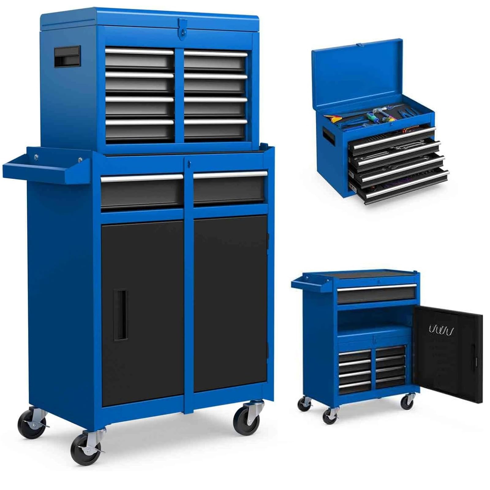 HOMFME Rolling Tool Cabinet, 2 in 1 Detachable Tool Chest with Drawers, Wheels, Hooks, Side Handle, Lockable Metal Tool Box Cart Trolley for Garage Workshop (Blue+Black)