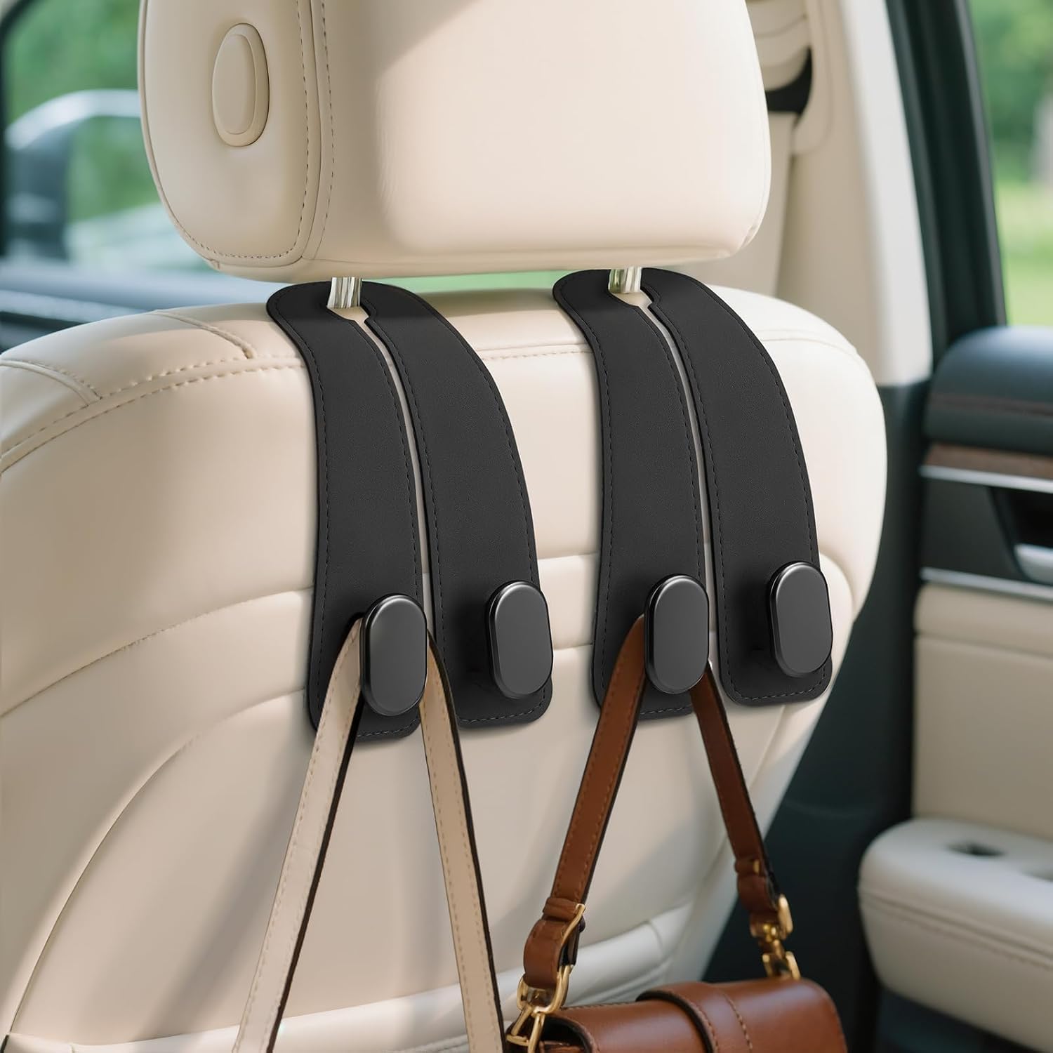 2 Pack Car Seats Hooks for Headrest, 2-in-1 Premium Leather Car Headrest Hanger with Metal Hooks, Car Seat Back Storage Hooks for Purses, Handbags, Phone