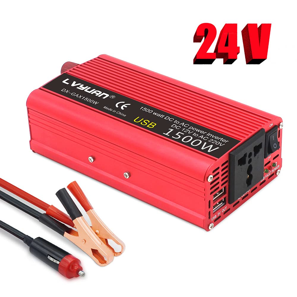 Inversor,Inversor Coche 1500W / 2000W Coche Energía Solar inversor DC 24V a AC 220V Cargador portátil Conversor Adapter Adapter Universal Socket Auto Accesorios(1500W 24V)