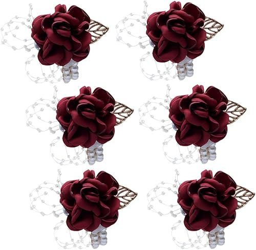 6 broches para damas de honor, rosas artificiales, ramillete de boda, mano, tela de seda, flores, accesorios de fiesta en casa, decoración