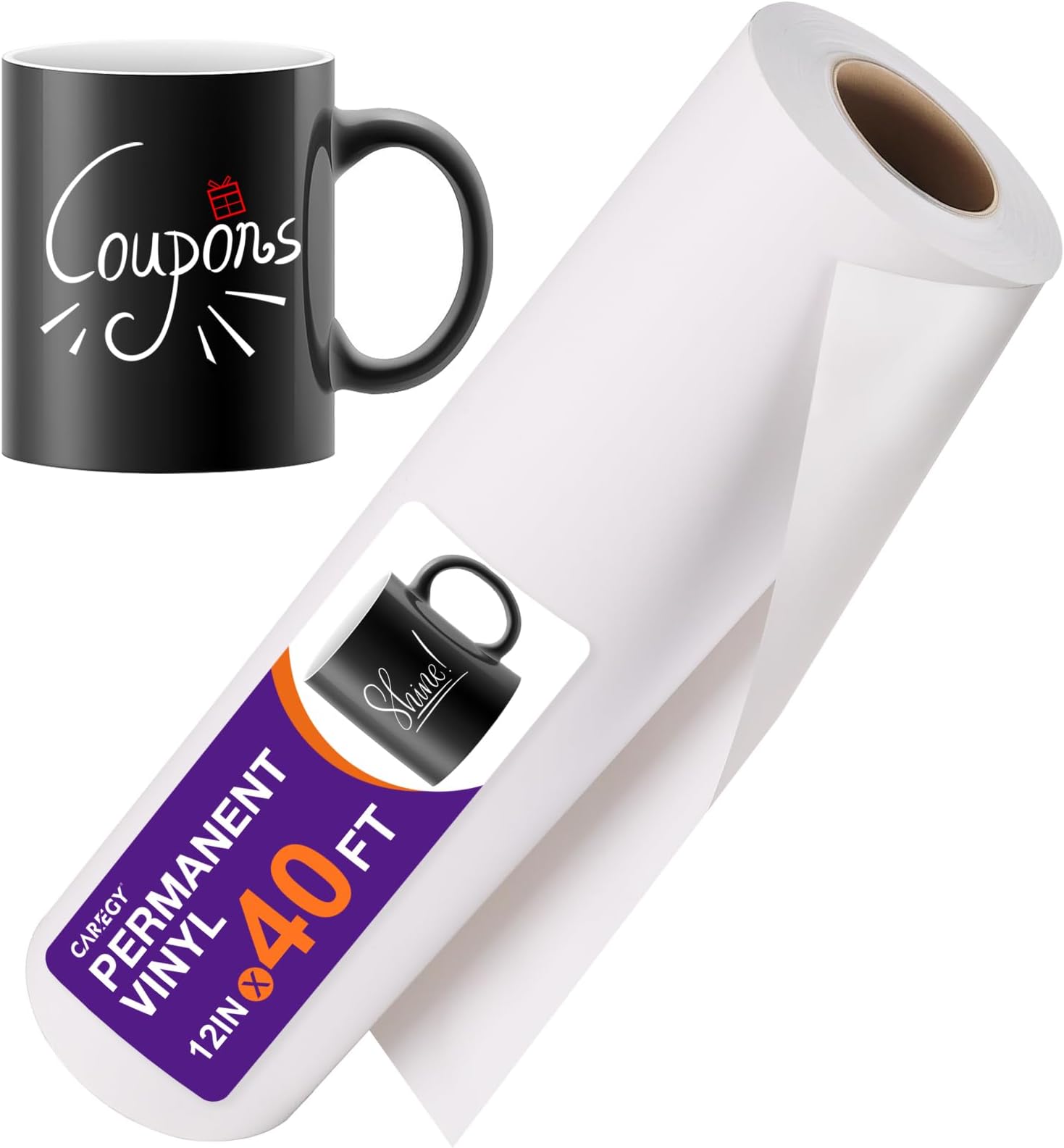 CAREGY White Permanent Vinyl, White Adhesive Vinyl for Cricut - 12" x 40 FT White Vinyl Roll for Cricut, Silhouette, Cameo Cutters, Signs, Scrapbooking, Craft, Die Cutters (Matte White)