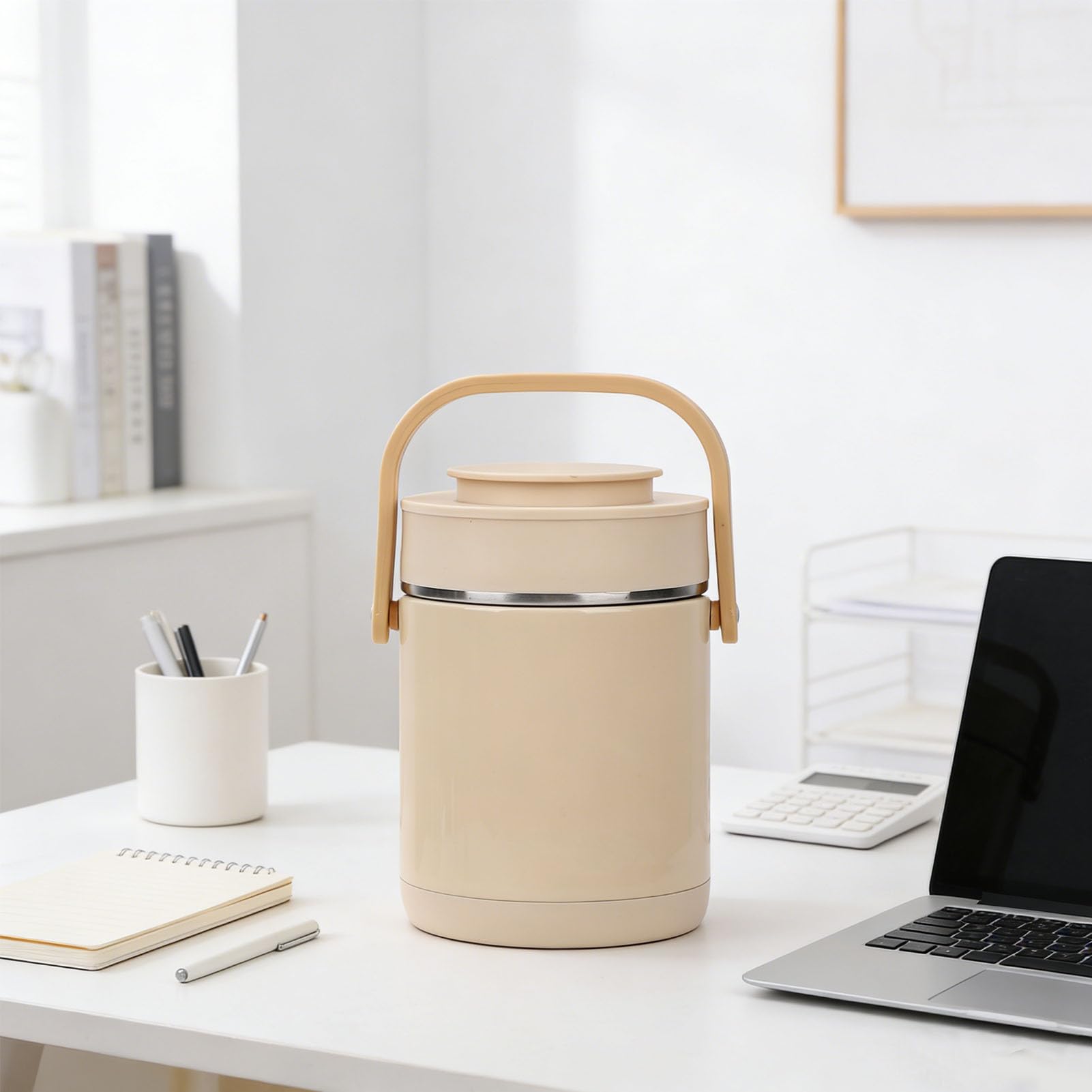 Bewinner 1,6 L Elektrische Lunchbox, 304 Edelstahl-Innentopf, USB-Heizung, Mehrere Kochfächer, Auslaufsicherer, Isolierter, Beheizter Lebensmittelbehälter für Geschäftsreisen, Beige