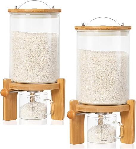 Miniatura 7 de HBlife Dispensador de arroz de vidrio de 5 a 7 libras con soporte de madera, contenedor de harina y cereales con taza medidora de vidrio, despensa,