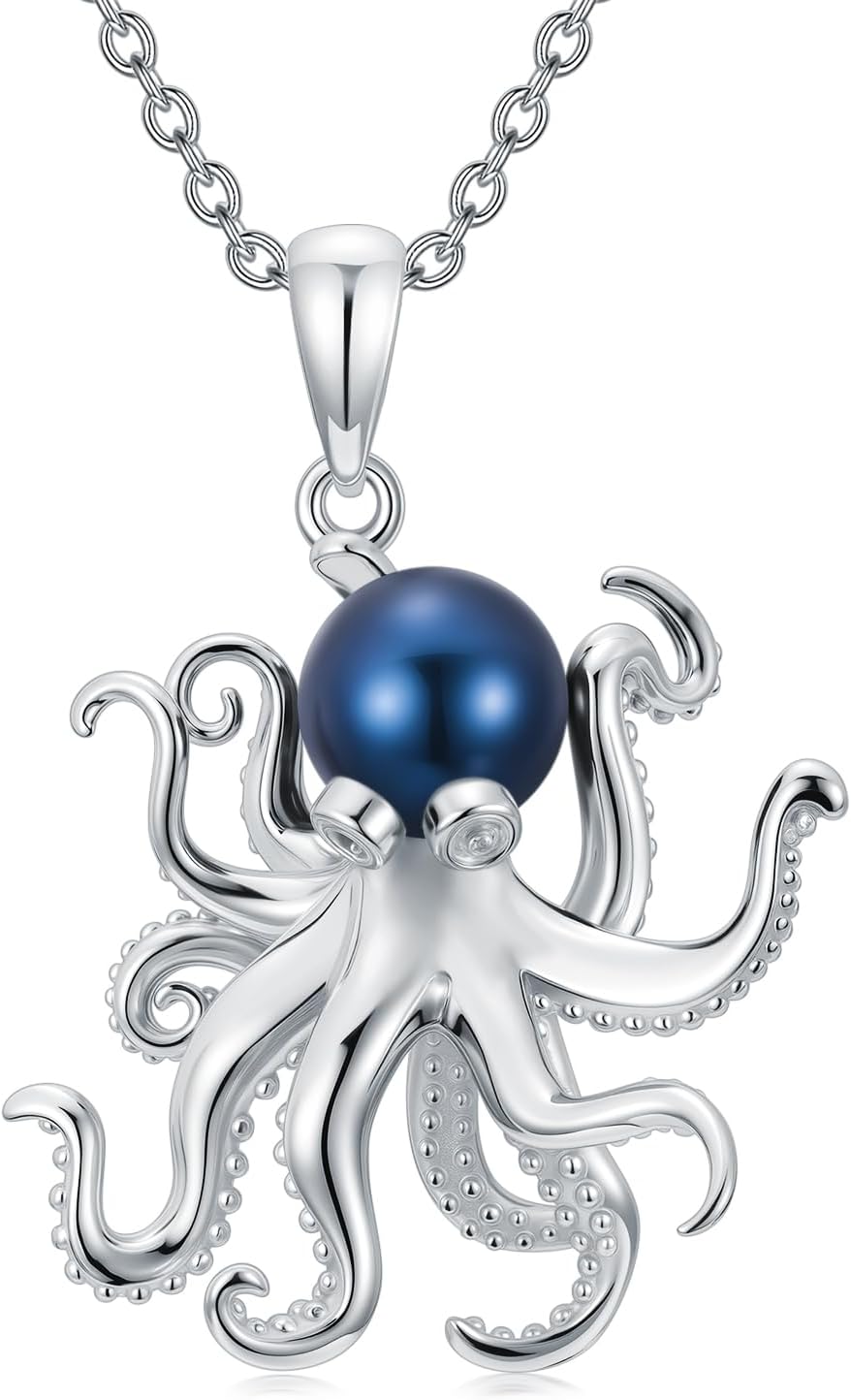 Real Black Pearl Octopus Necklace for Women 925 Sterling Silver Sea Animals Pendant Ocean Jewelry Gifts for Birthday
