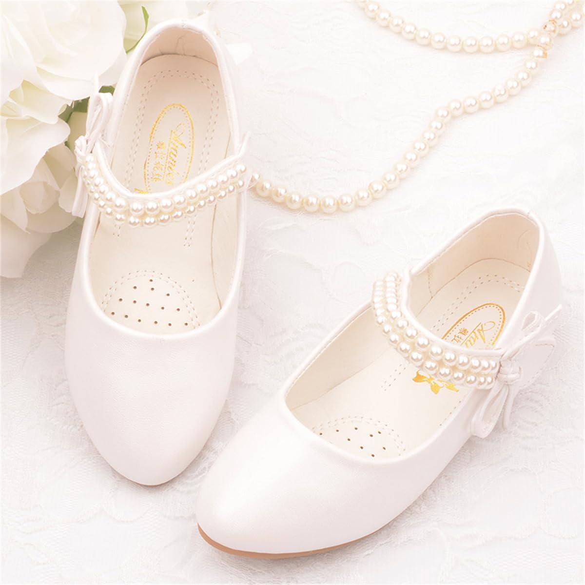 Girls Dress Shoes Mary Jane Sparkly Ballet Flats for Kids Pearl Chain Princess Shoes for Dress-Up Party 8006