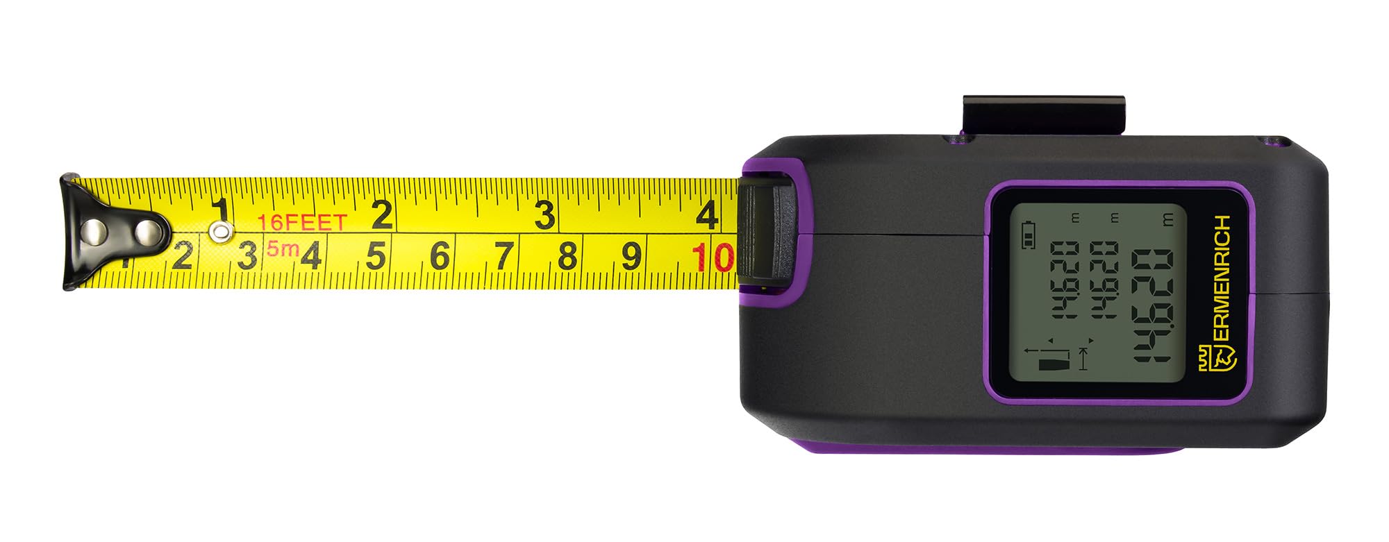Reel SLR640 2 en 1 Medidor Láser 60M y Cinta Métrica 5M Medición de Longitud Área Volumen Pantalla LCD Retroiluminada Función Memoria Unidades en Pulgadas, Pies, Metros Violeta