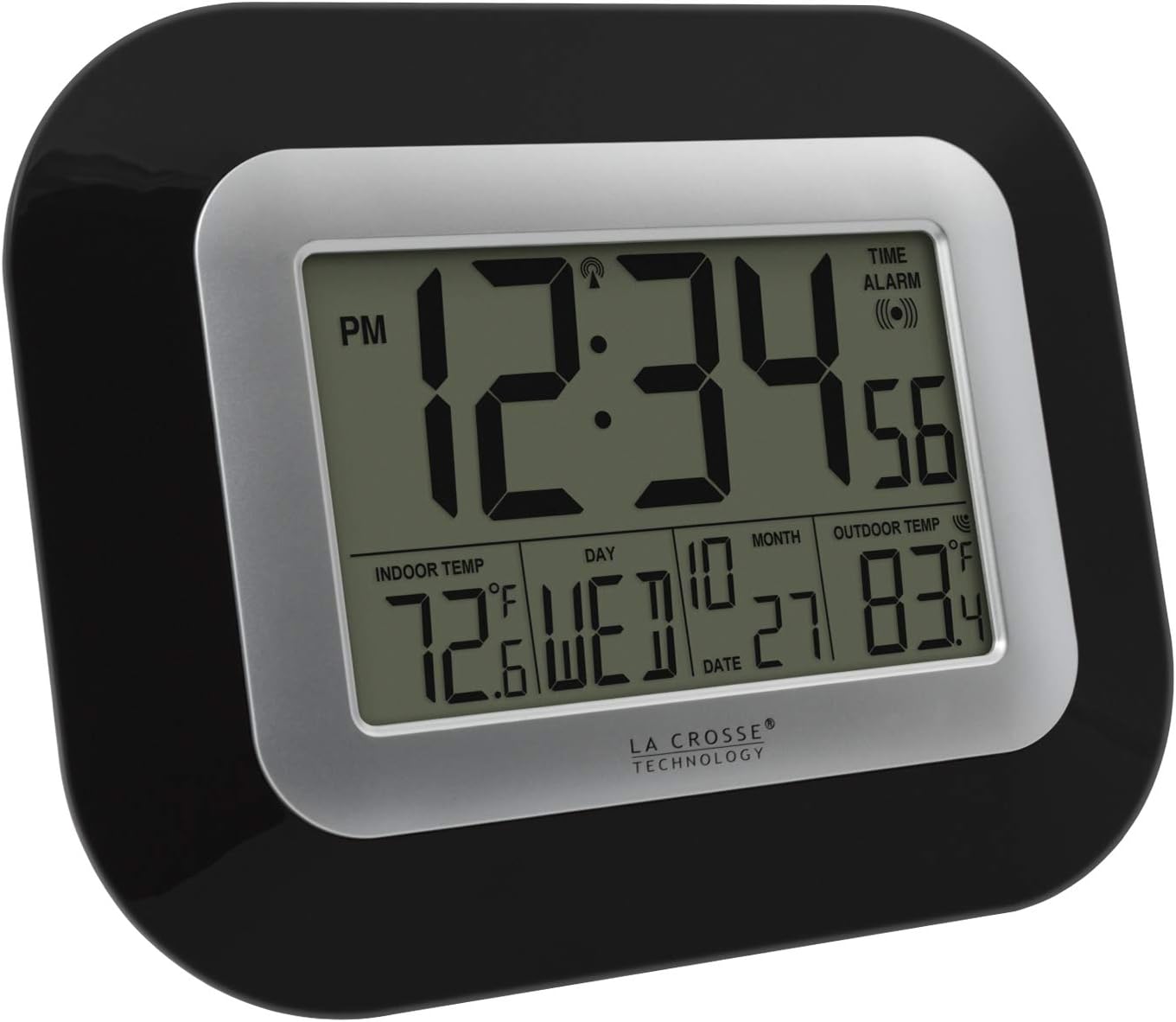 La Crosse Technology WS-8115U-B Atomic Digital Wall Clock with Indoor and Outdoor Temperature, Black