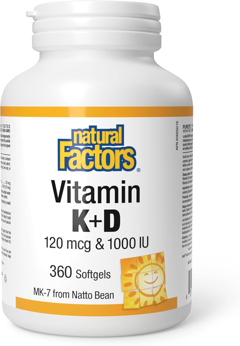 Natural Factors Vitamin D 1000 IU and Vitamin K2 120 mcg, 360 Softgels, HIGH POTENCY, MK-7 from Natto Beans, Immune Function, Vitamin D3 Supplement, Proudly Canadian