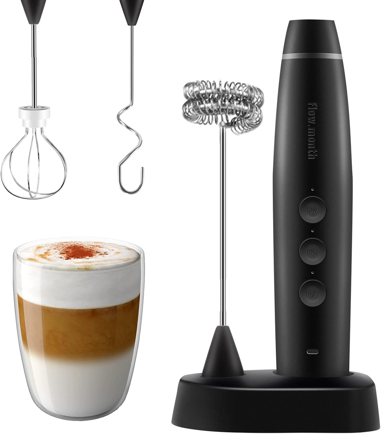 Milk Frother Handheld for Coffee Lattes Electric Foam Maker with 3 Whisks 3 Speed Rechargeable Drink Mixer Beater for Bulletproof Coffee Cappuccino Frappe Matcha (Black3.0)
