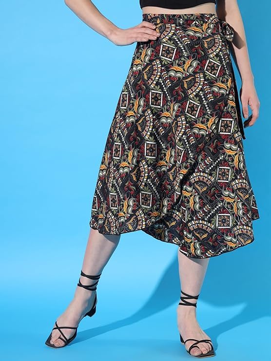 Image of GirlCode Women's Boho Floral Print Wrap Front Self Tie Knot Midi Skirt Women & Girls