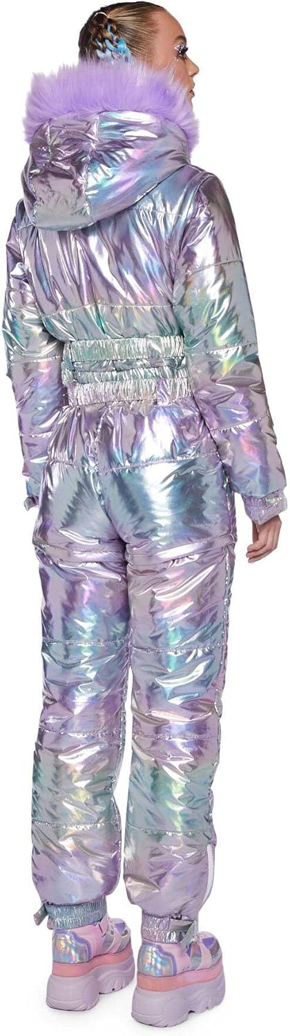 Dolls Kill Aurora Beam Holographic Snowsuit – Waterproof Winter One-Piece with Removable Sleeves & Adjustable Fit
