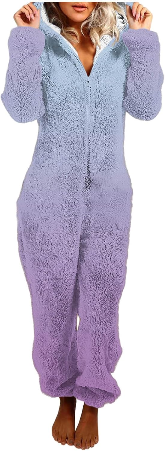 Women's Fuzzy One Piece Pajama Warm Winter Pajamas Ombre Fleece Jumpsuits with Hood Zip Up Plush Romper Loungewear