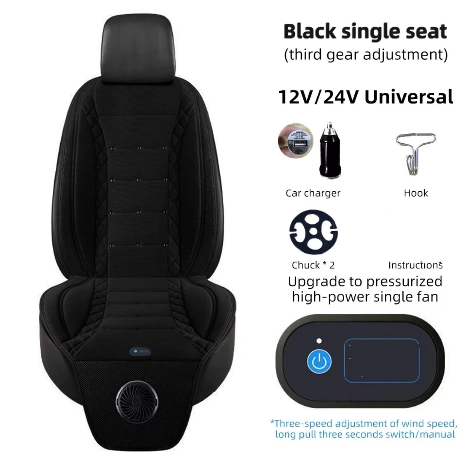 Cojín Universal Asiento Coche Funda Asiento Aire Fresco Verano con Carga USB 12V/24V Transpirable Ventilador Ajuste 3 Velocidas Funda Asiento(Black with Fan)