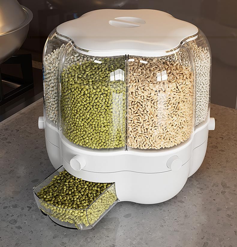 Rice and Grain Storage Container, 360° Rotating Food Dispenser Measuring Cylinder with Lid Moisture Resistant Household, Sealed Storage (9.5, Round, 1, ON-153)