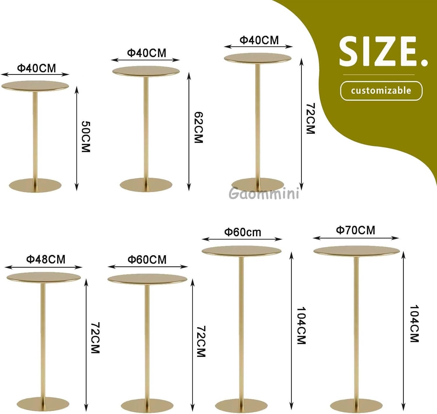 Outdoor Patio Round Bistro Pub Table with Metal Base, Cocktail Bar Table Coffee Drink Table, Circle Side Table for Small Spaces End Table Kitchen Dining Table(Gold,70x70x104cm)
